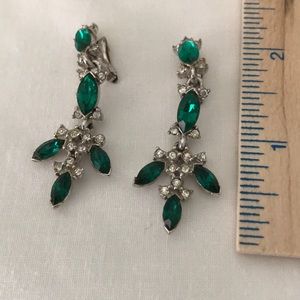 1950’s Vintage Bogoff faux emerald & rhinestone earrings, rhodium back, signed